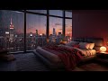 Listen to the quiet sound of rain in your cozy bedroom with a city night view