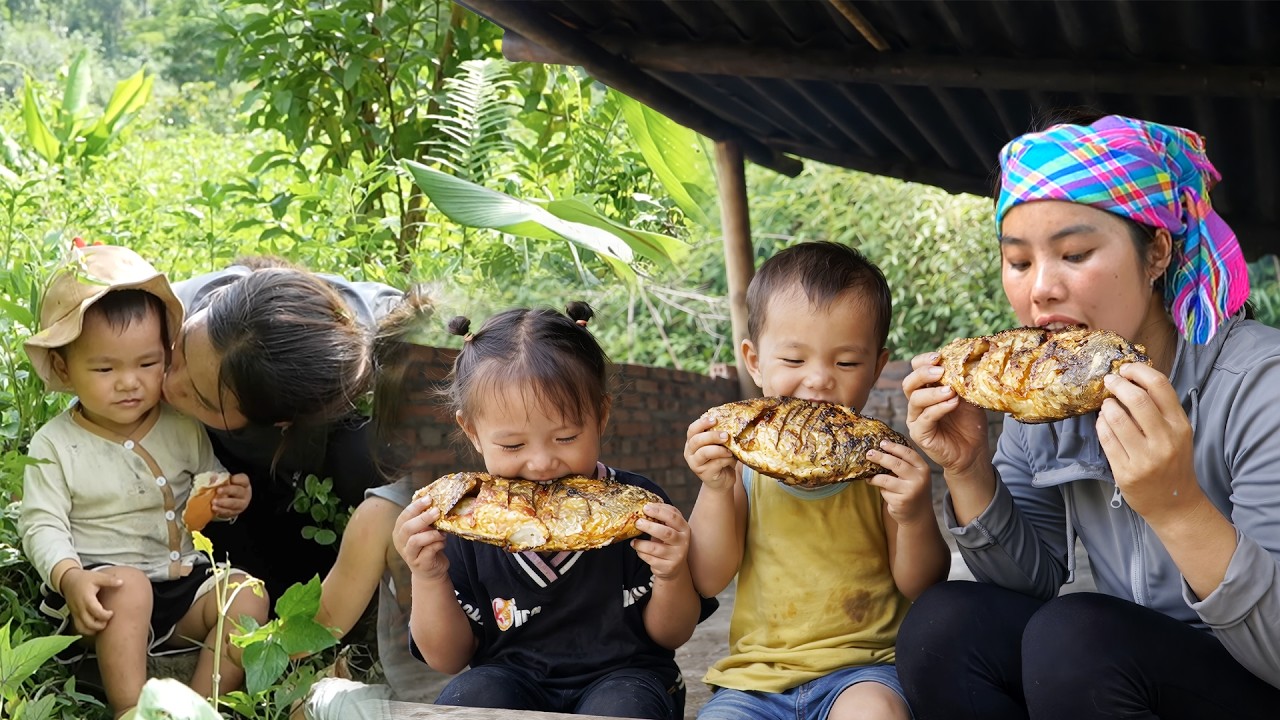 Wild plums harvesting process – Cooking fish in tomato sauce, fried egg & pumpkin for Nhi & Khoi