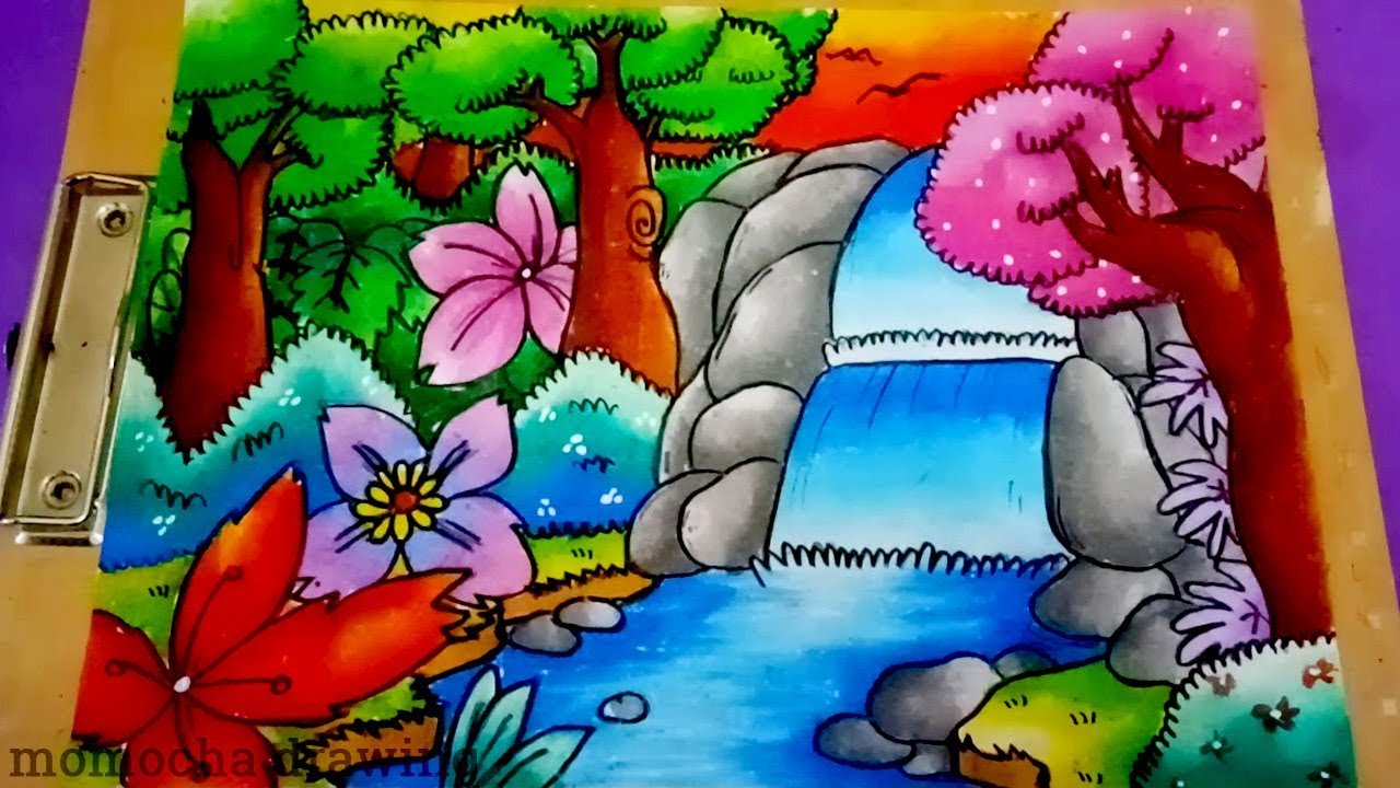 Cara mewarnai pemandangan AIR TERJUN  dengan gradasi warna OIL PASTEL YouTube