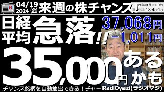 【投資情報(株チャンス)】日経急落！1,011円安！35,000円までの下落あるかも？今後は値がさ株を避け、ナンピン可能な１万円以下の株を買え！●買いシグナル点灯：4755楽天、他●歌：投資家エレジー
