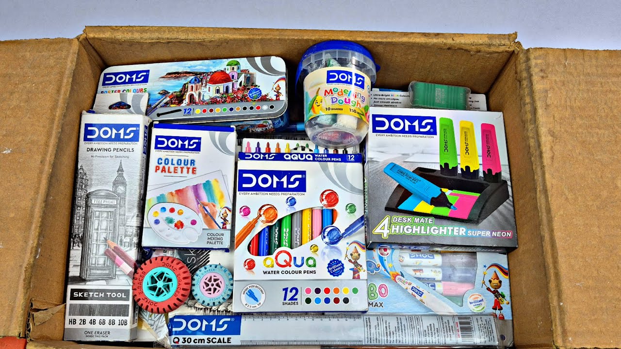 Unboxing DOMS Stationary Collection 😍 Plastic Crayons, Watercolour, Brush Pens, Sketch Colour, Etc