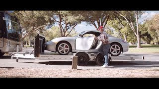 Easily tow your car behind your RV with Futuras car trailer that lowers to the ground