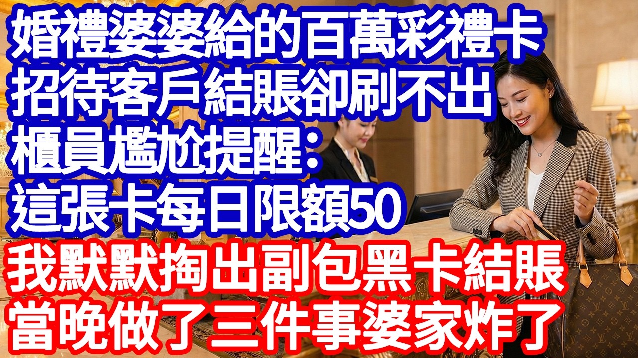 婚禮婆婆給的百萬彩禮卡，招待客戶結賬卻刷不出，櫃員尷尬提醒：這張卡每日限額50，我默默掏出副包黑卡結賬，當晚做了三件事婆家炸了 #為人處世#正能量#故事#生活經驗#老年情感#爽文