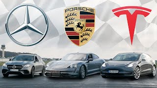 PORSCHE Taycan Turbo (175.000€) vs. TESLA Model 3 (60.000€) vs. Mercedes E63S (170.000€)  - DragRace