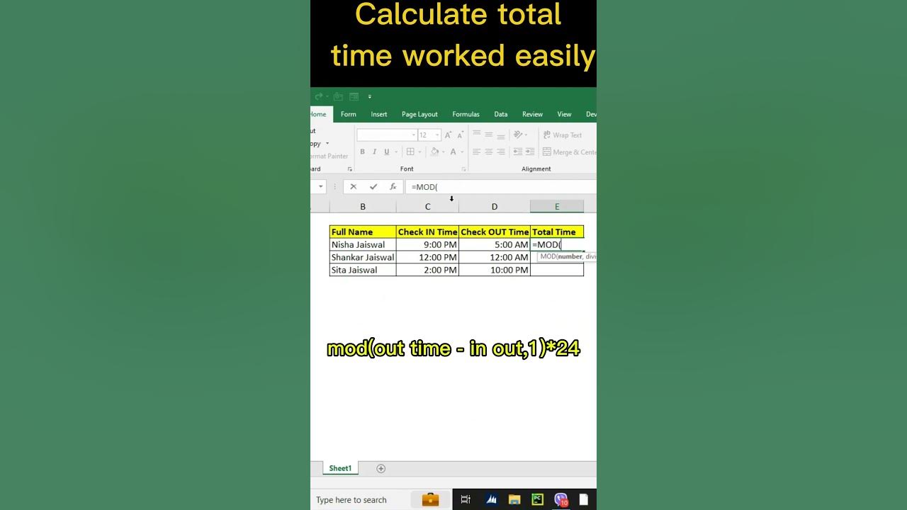 Calculate Total Time Worked in Hours Using MOD in Excel - YouTube