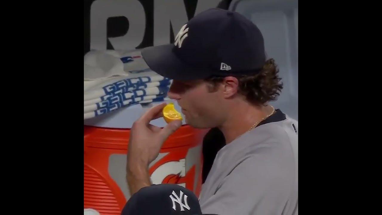 Gerrit Cole destroys fruit in between innings in Yankees dugout 