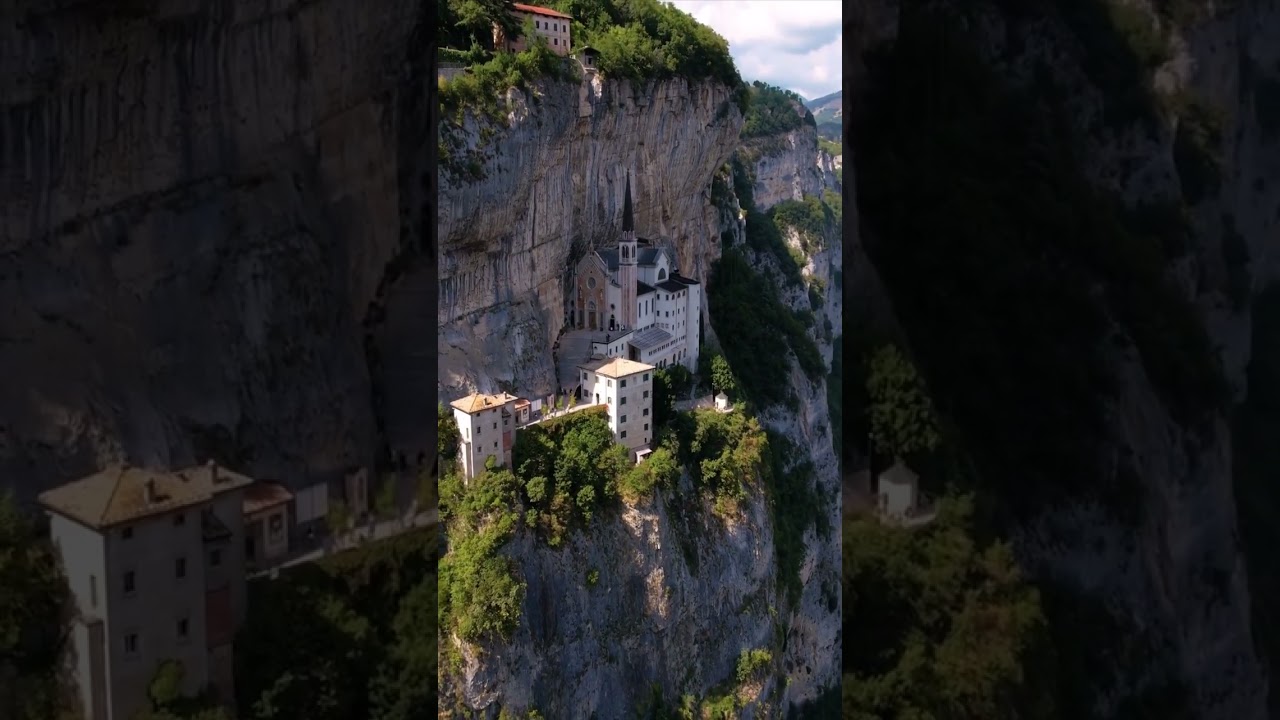 Madonna della Corona Sanctuary, a church built right up on a cliff in Spiazzi, Italy