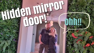 DIY SECRET HIDDEN MIRROR DOOR plus greenery wall and neon sign, seen on Dream Kitchens and Bathrooms