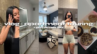 vlog : come tour apartments with me, trying crumble cookie &amp; working out