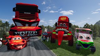 Big &amp; Small McQueen &amp; Police Car vs Zombie Mack, Giant Bulge &amp; Hammer Downhill Race - BeamNG Drive