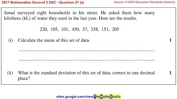 2017 Maths General 2 HSC Q27a Find mean & standard deviation of sample survey data