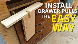 Check out this very simple jig I put together to install drawer pull hardware. Using this jig, you can easily drill holes for drawer 