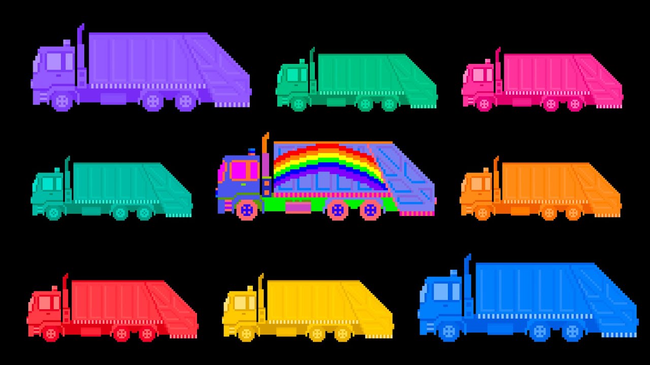 Garbage Trucks in Color | Pixel Art Red, Yellow, Blue