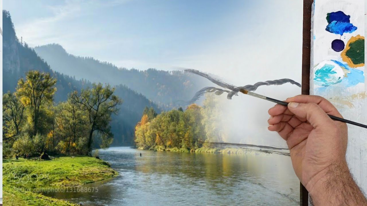 Акриловые краски - рисуем горы и озера - пейзажи.