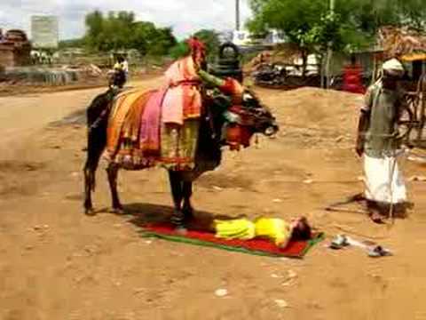 From Aihole in the state of Karnataka. The bull is led over to the girl. Will he step on her?