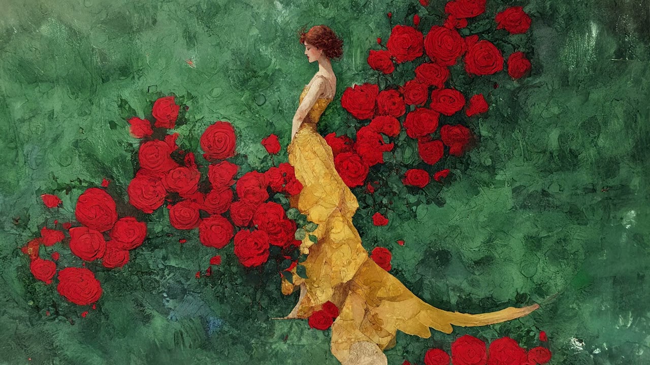 Vintage Watercolor Elegance: Golden Gown & Crimson Roses | 1 Hour Deep Focus & Relaxation