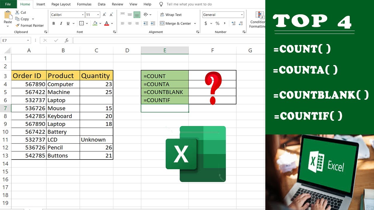 How to use count formula in ms excel | top 4 Count Function| Learn with ...