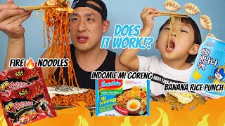 2 x FIRE NOODLES + INDOMIE MI GORENG + DUMPLINGS+ BANANA RICE PUNCH MUKBANG