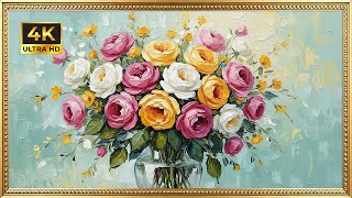 Vibrant Impressionist Rose Bouquet | Gold Framed 4K Art Screensaver | Textured Floral TV Wallpaper screenshot 1