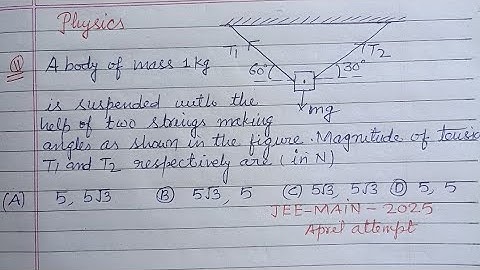 A body of mass 1 kg is suspended with the help of two strings making...| jee main 2026 physics 