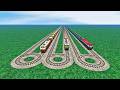 THREE TRAINS CROSSING EACH OTHER AT CIRCLE BUMPY RAILROAD TRACKS | BeamNG.Drive - Train simulator