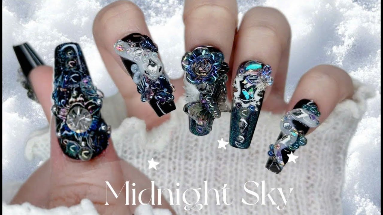 Nhật ký làm leo: Midnight Winter Snake Nails 🌌🐍 | 3D Dark Nail Art | Self Nail