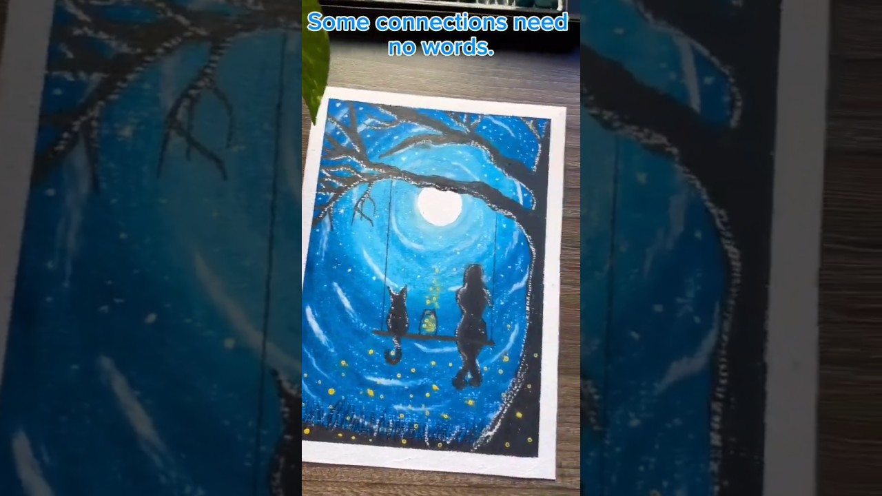 Girl & Cat Moonlight Drawing 🌌✨ | Easy Oil Pastel Art