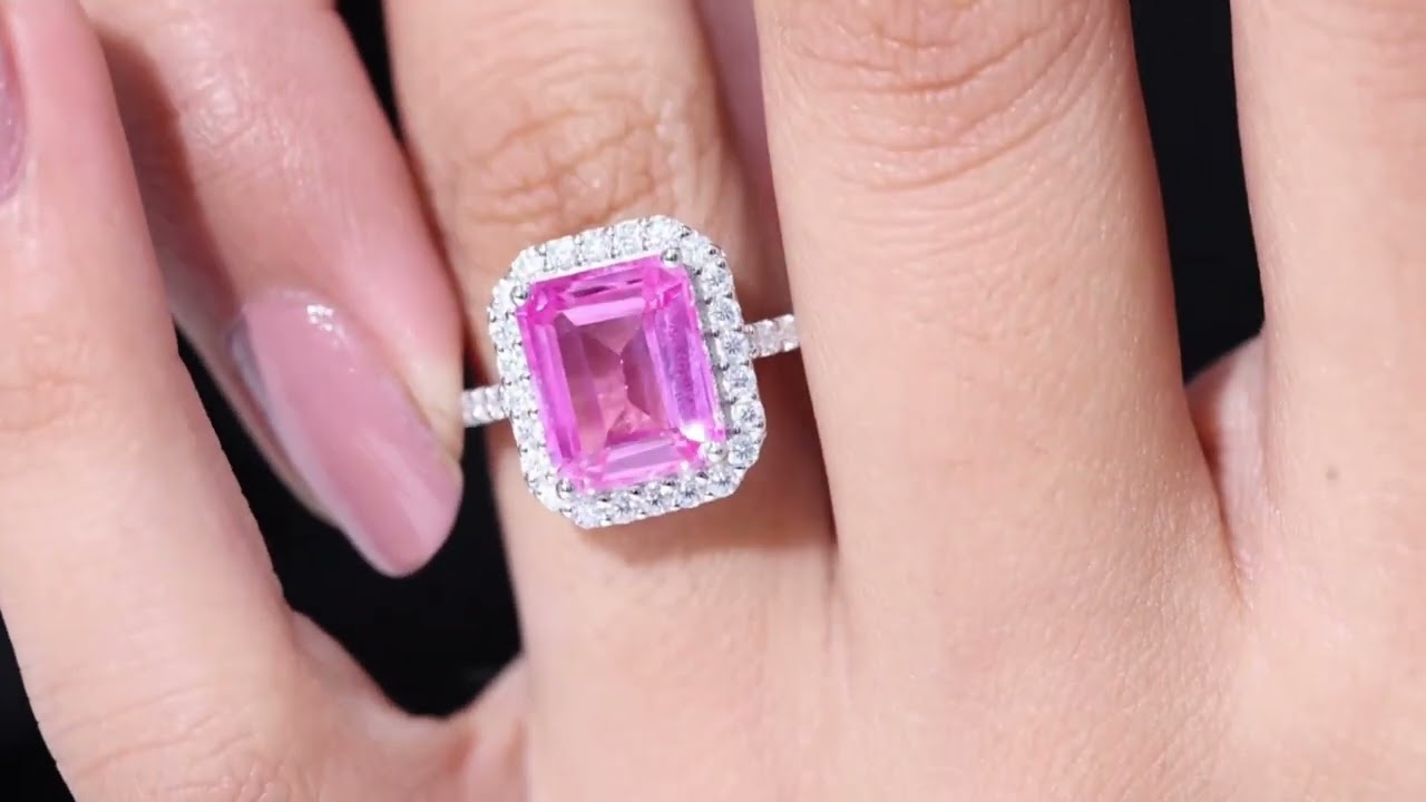 Created Pink Sapphire Halo Ring | 8X10 MM Emerald Cut | AAAA Quality | Gemstone Jewelry Gift for Her