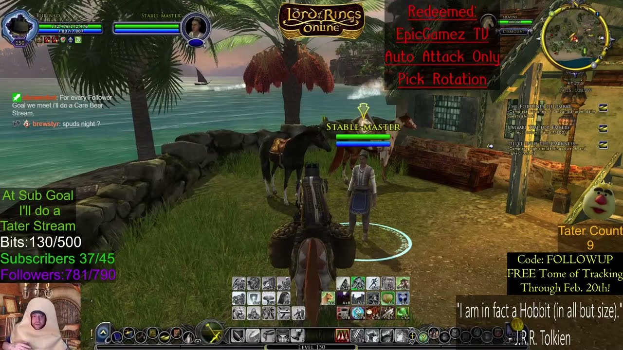 Poteen OBowen playing LOTRO, first tater stream GUARDIAN (blue line) lvl 150