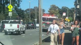 San Francisco Fire Department Tiller truck responding code 3 heading towards on coming traffic