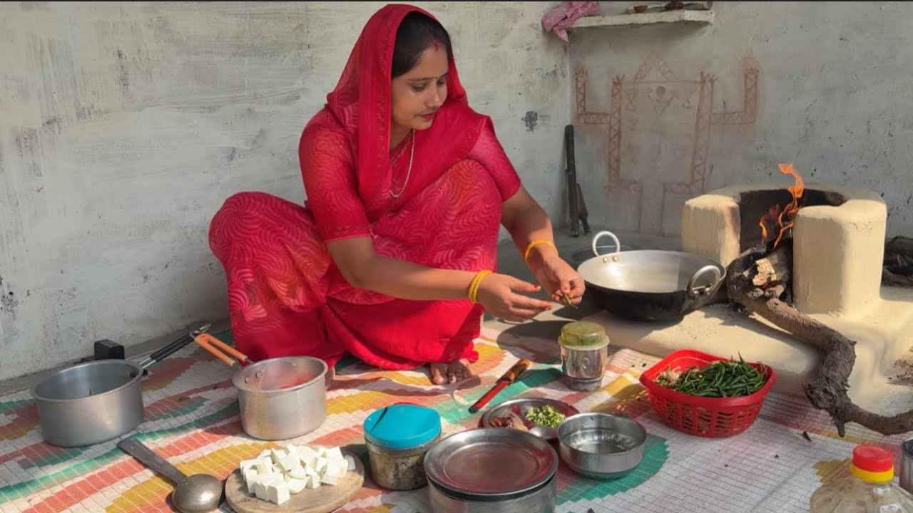 💕गांव की winter special Lunch routine - palak paneer ki sabji,rayta or desi ghee ke parathe 