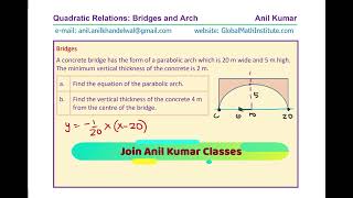 Quadratic Relations Parabolic Arch Find Vertical Concrete Thickness 4 m from Centre of Bridge MPM2D