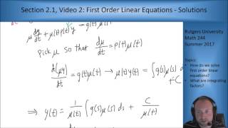MATH 244: Section 2.1, Video 2: First Order Linear Equations - Solutions