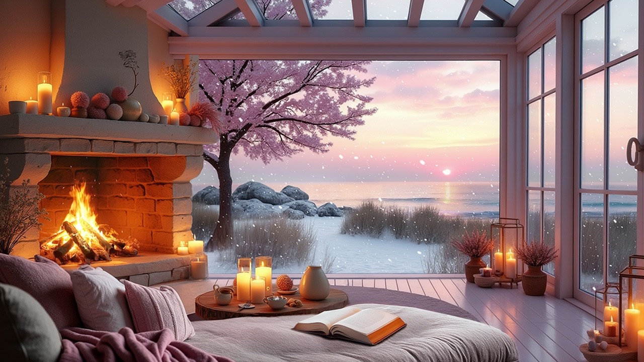 Sakura Snowfall Coastal Cabin Retreat 🌸❄️ Cozy Fireplace & Gentle Ocean Waves | Pink Blossom ASMR