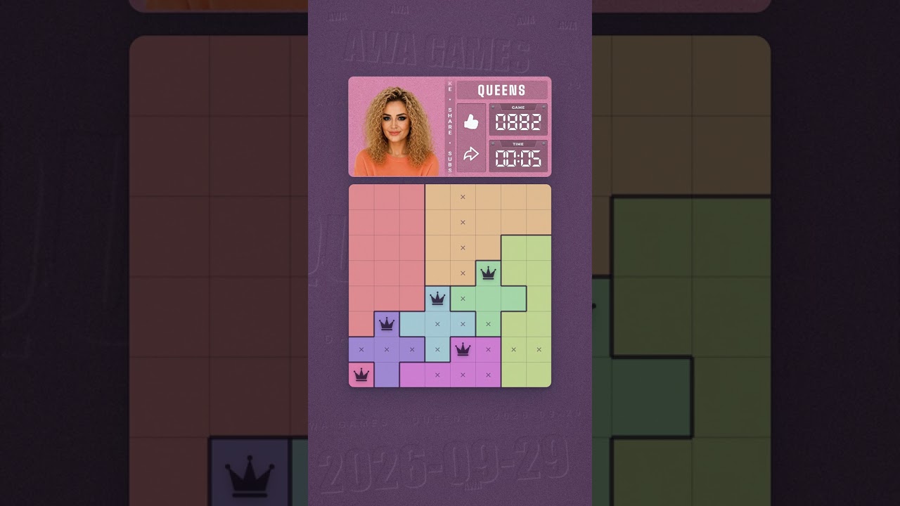 LinkedIn Queens #882 solved board for September 29, 2026, 8x8 grid