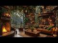 Verdant Rain Library Jazz with Towering Book Spiral View | Book Nook Refuge, Focus Flow & Study Ease