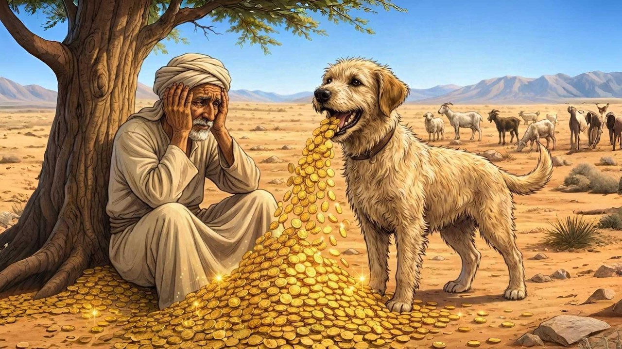 فلاح عجوز وفقير منعو عنه الماء ليموت عطشا فأرسل الله له كلبا من ذهب.