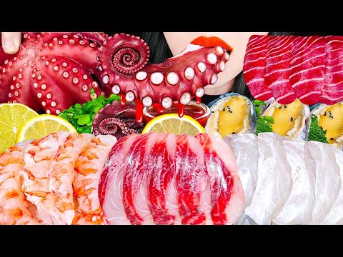 ASMR <strong>RAW</strong> SEAFOOD OCTOPUS, SHRIMP, <strong>RED</strong> SALMON 문어, 홍새우, 붉은연어, 전복, 광어회, 숭어회 먹방 EATING SOUNDS MUKBANG