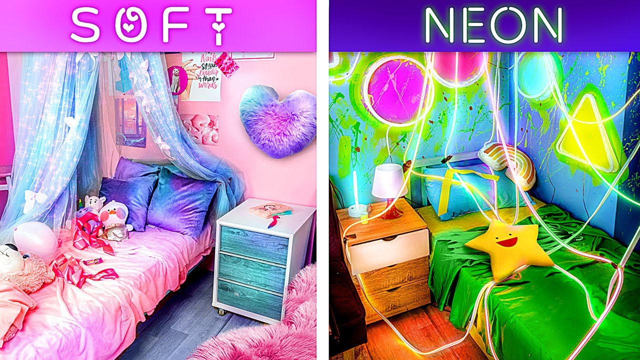 ⁣Крутой челлендж с декором комнаты / Мы построили дом мечты! Soft Girl vs Neon Girl