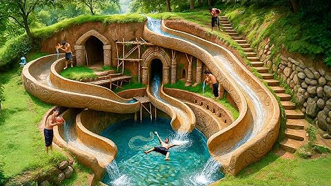 200 Days Building an Underground House with Spiral Water Slide Swimming Pool Using Primitive Tools