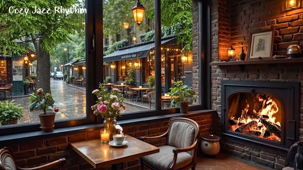 Уютное кафе «Дождь у окна» ☕ Спокойная джазовая фортепианная музыка и потрескивающий камин