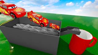 Lightning McQueen's Cars Goes Through The Shredder Factory And Falls Into The Cup | Teardown