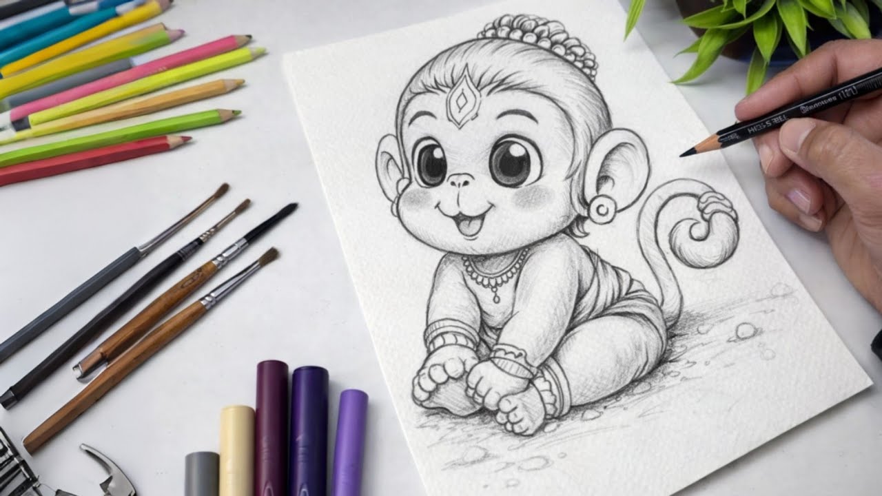 Cute Bal Hanuman Drawing 😍 | Baby Hanuman Art | Jai Bajrangbali | Hanuman ji drawing