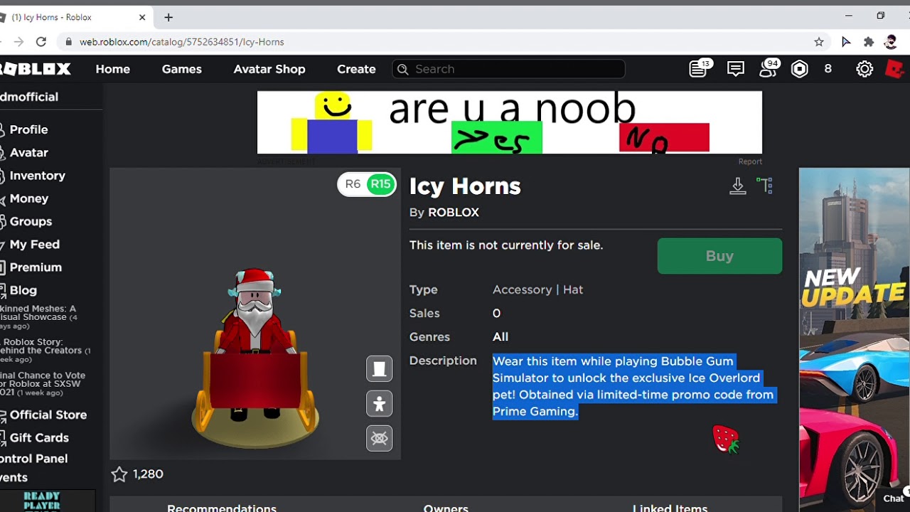 How to get the icy horns On roblox and the Ice Overlord On Bgs For free Prime Gaming right now!!!