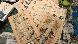Ink Stamps, Book Pages, and Coffee Dyed Paper + FREEBIE