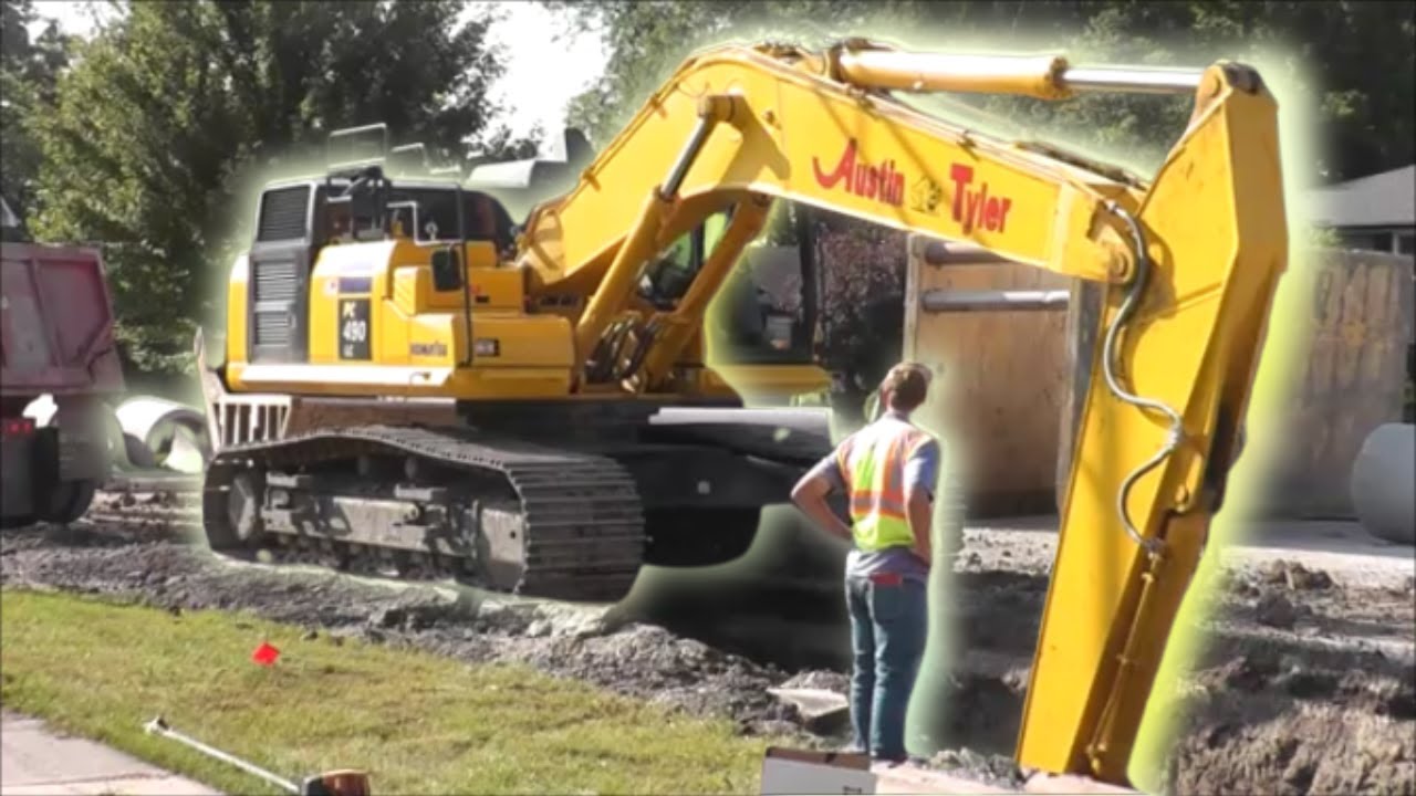 Storm Drain Pipe Installation Digging Deep Komatsu PC490 Heavy Machinery