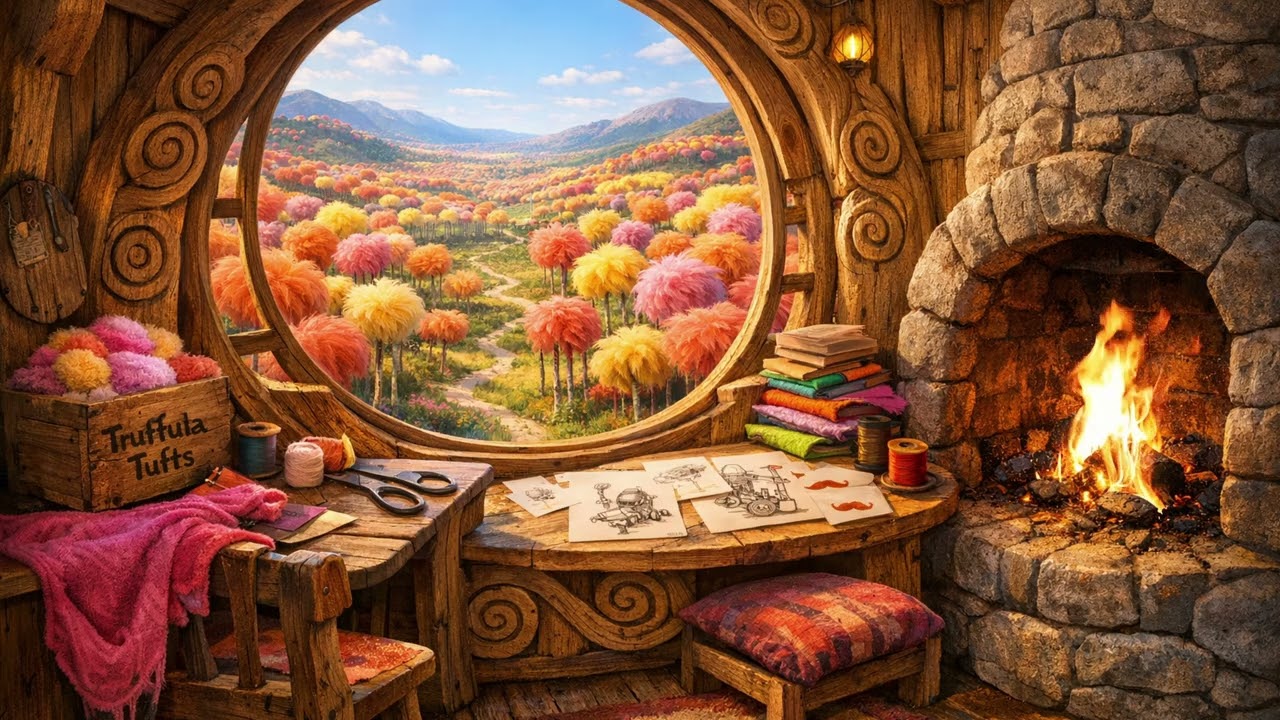 Truffula Valley Fireplace 🌳🔥 | Cozy Fantasy Forest Window Nook | Whimsical Lorax Ambience