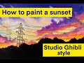 How to paint a studio ghibli style sunset  silhouette  landscape  nicker poster paints