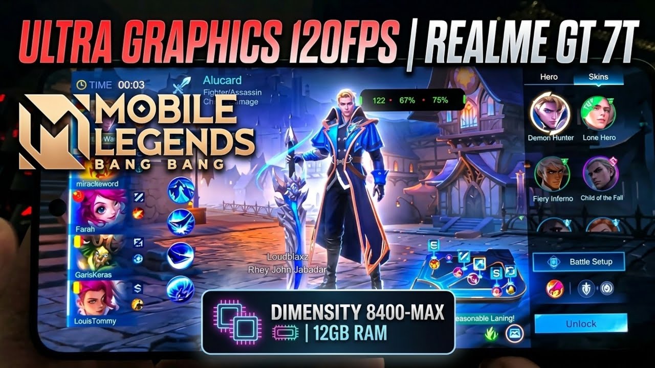 Realme GT 7T Mobile Legends Full Gaming Test | Ultra Graphics 120FPS | Dimensity 8400-Max | 12GB RAM