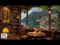 Peaceful Rainy Coastal Spring Jazz ☕ Soft Piano Jazz & Fireplace Ambience for Quiet Evenings